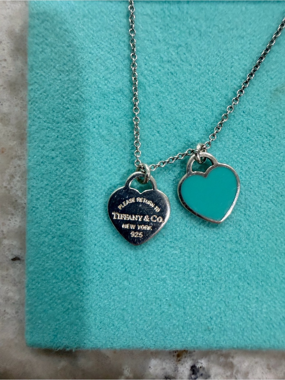Tiffany & Co. Sterling Silver Double Heart Necklace with Turquoise Enamel